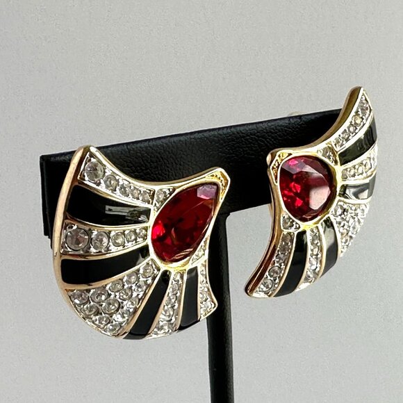 Swarovski Clip On Earrings Red Crystal Fan - Picture 3 of 10